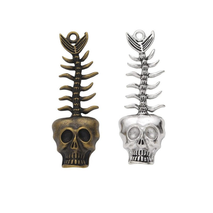 Skull Fishbone Charm In 2 Metal Finishes For Jewelry Making