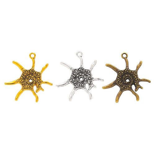 Sunburst Seashell-Shaped Metal Charm Pendants shown in a grouped front view on a plain background