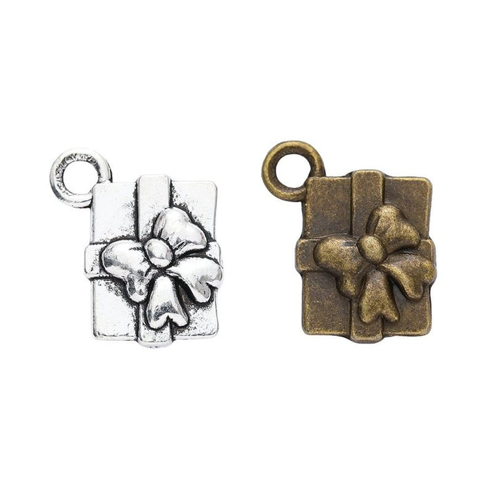 Bow Wrapped Gift Box Metal Charms in Two Finishes for Jewelry Making