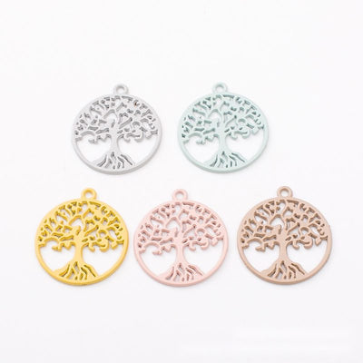 Group view of round openwork tree of life silhouette with a top loop