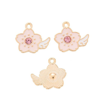 Pink Enamel Winged Flower Alloy Charm With Gold Tone Edge