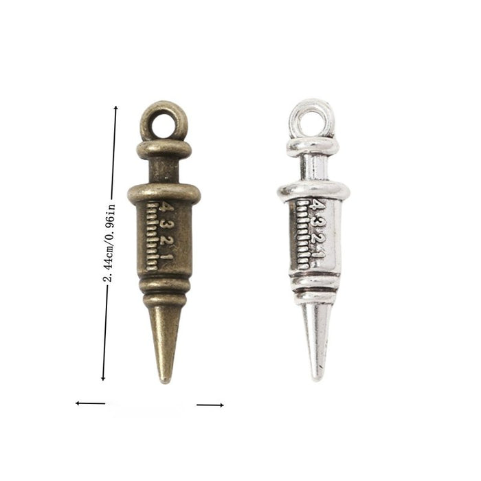 Syringe Shaped Metal Charms in Antique Bronze and Silver