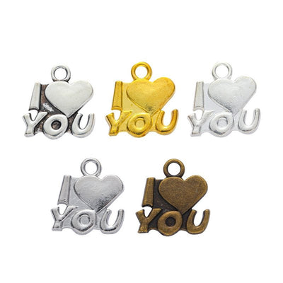 Group view of layered i, heart, and you lettering forms a compact message charm