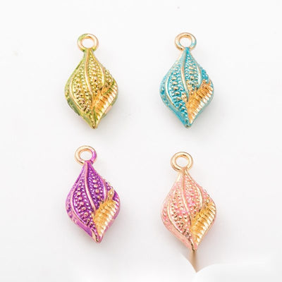 Grouped front views of the textured spiral shell pendant charm in four enamel colors