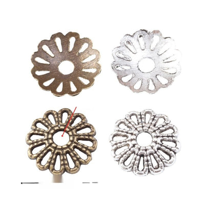 Openwork Flower Bead Cap finish comparison showing a radiating openwork petal pattern and center opening