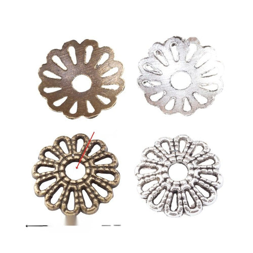 Openwork Flower Bead Cap finish comparison showing a radiating openwork petal pattern and center opening