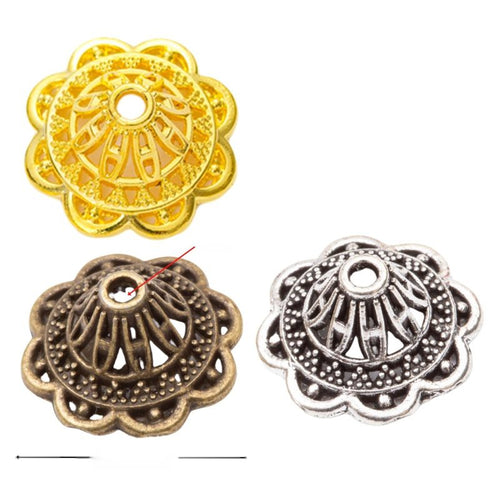 Filigree Flower Bead Cap assortment showing the available metal finishes