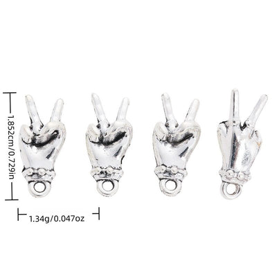 Peace Sign Hand metal piece shown in Antique Silver beside printed specifications