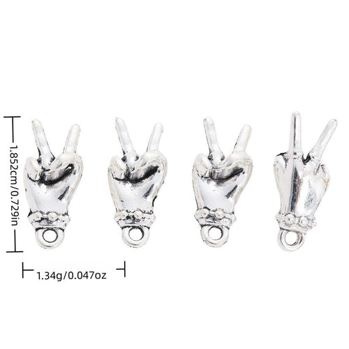 Peace Sign Hand metal piece shown in Antique Silver beside printed specifications
