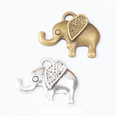 Product view of elephant charm showing a small walking elephant with an upturned trunk, patterned ear, and top loop