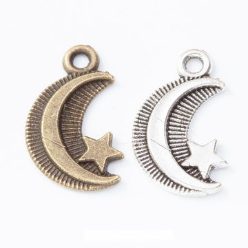 Antique Bronze and Silver Crescent Moon and Star Charms