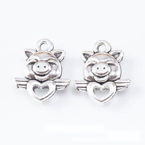 Pig with Heart Silver Tone Metal Charms for Jewelry Making