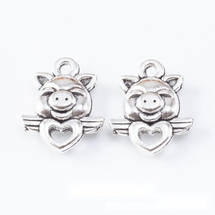 Pig with Heart Silver Tone Metal Charms for Jewelry Making