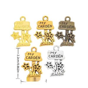 Alloy My Garden Sign Charm with Flowers, Four Metal Finishes