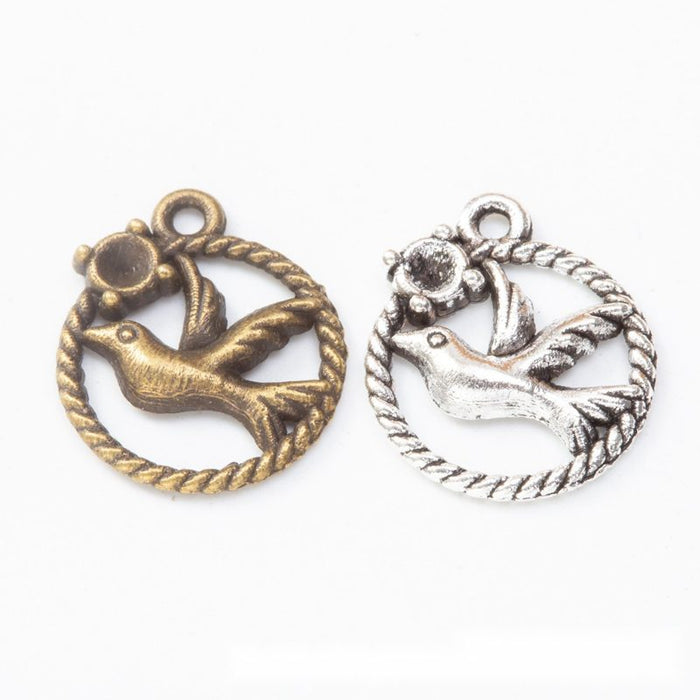 Bird in Round Frame Metal Charms in Two Antique Finishes