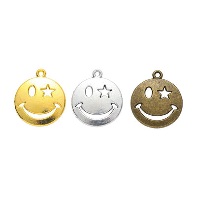 Star Eye Smiley Face Round Pendant Charm in Three Finishes shown in front and back product view