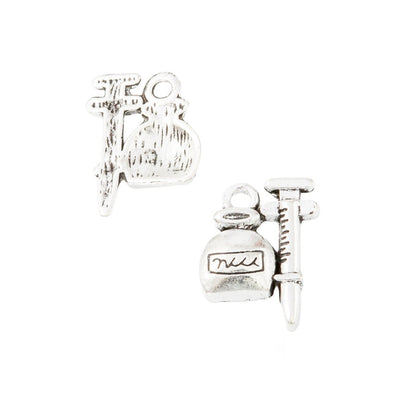Medicine Bottle and Syringe Pendant Charm in Antique Silver shown in front and back product view