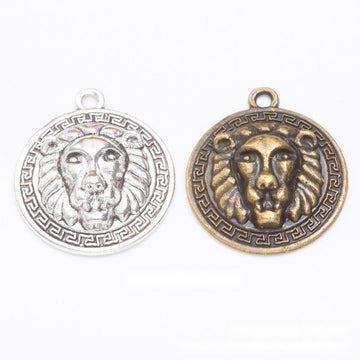Round Lion Head Medallion Charm In Antique Bronze and Antique Silver Metal Finish