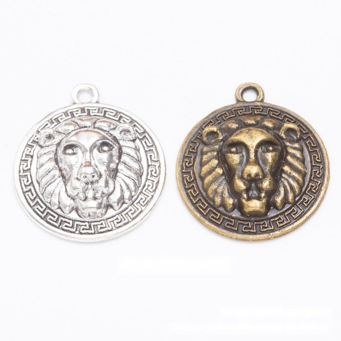 Round Lion Head Medallion Charm In Antique Bronze and Antique Silver Metal Finish