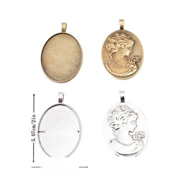 Oval Woman Profile Cabochon Pendant Settings in Two Antique Finishes