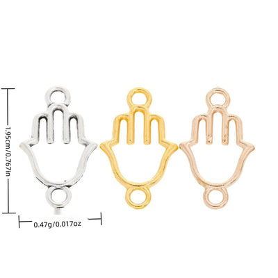 Outline Hamsa Connector metal piece shown in Gold, Antique Silver, KC Gold beside printed specifications