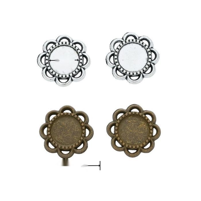 Petal Edge Small Round Cabochon Settings in Two Antique Finishes