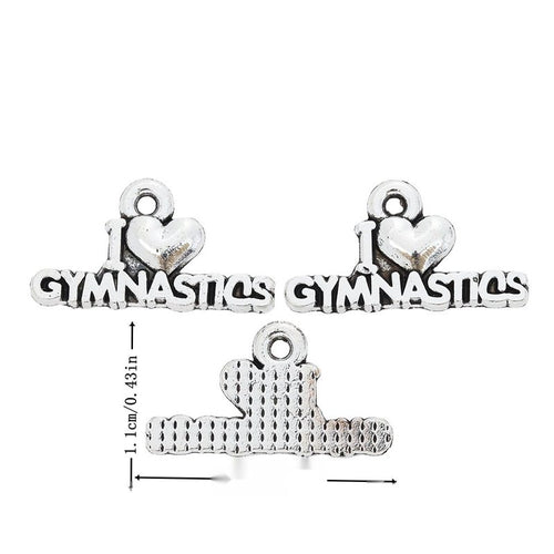 Metal gymnastics word connector, front and reverse views shown in the product image