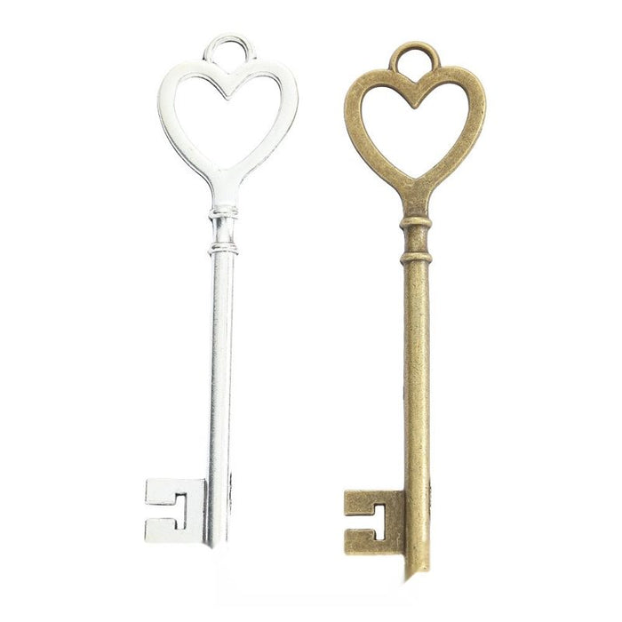 Long Heart Bow Key Metal Charm for Jewelry Making in Antique Bronze and Antique Silver