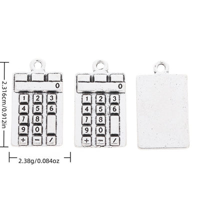 Mini Calculator metal piece shown in Antique Silver beside printed specifications