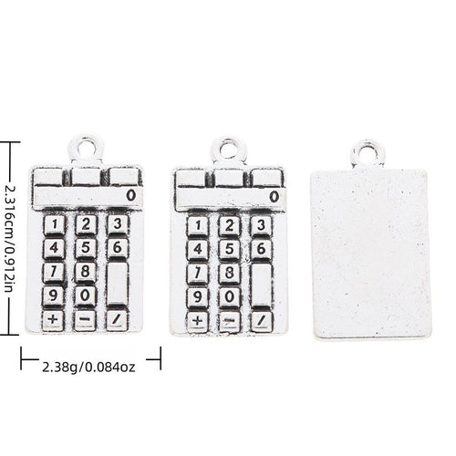 Mini Calculator metal piece shown in Antique Silver beside printed specifications