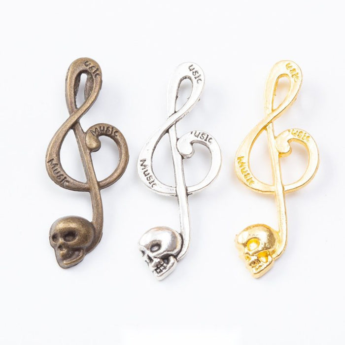 Treble Clef Skull Charm In 3 Metal Finishes For Jewelry Making