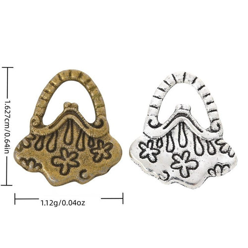 Front and reverse views of floral handbag charms with measurement and weight guides