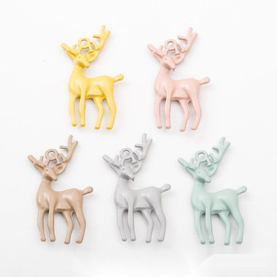 Product view of standing deer charm showing a slender standing deer with branching antlers, long legs, and a loop betwee