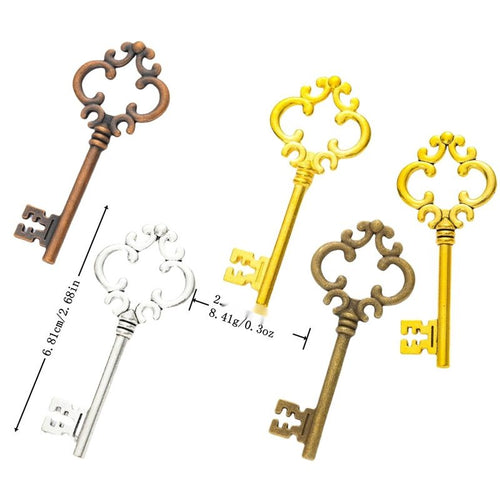 Group view of ornate skeleton key charm on a white background