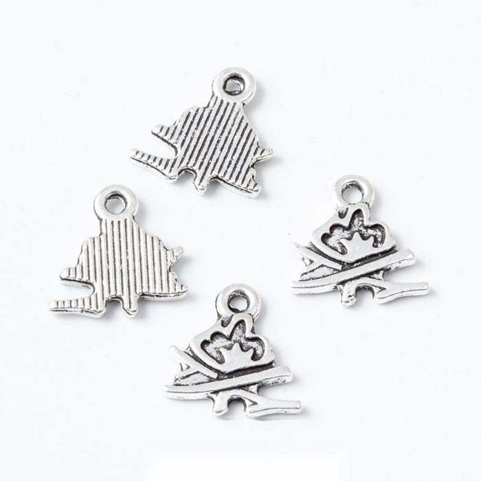 Antique Silver Tone Campfire Metal Charm with Hanging Loop