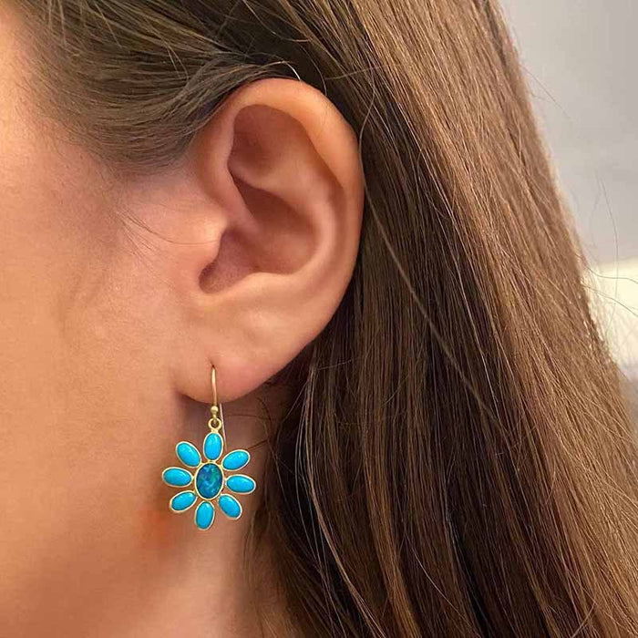 Blue Floral Enamel Drop Earrings in Two Metal Tones