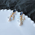 Gold Tone Cluster Drop Earrings Blue Opal and Pearl view 4