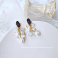 Gold Tone Cluster Drop Earrings Blue Opal and Pearl view 2