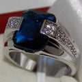 Deep Blue Rectangular Stone Wide Signet Ring In Silver Tone view 2