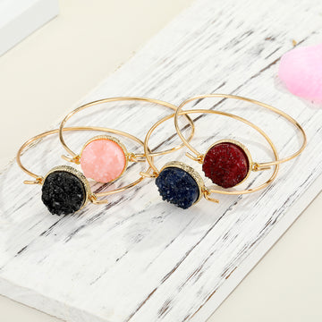 Gold Tone Round Druzy Open Cuff Bracelets in Four Colors