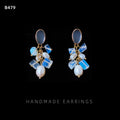 Gold Tone Cluster Drop Earrings Blue Opal and Pearl view 1