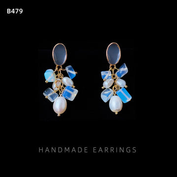 Gold Tone Cluster Drop Earrings Blue Opal and Pearl