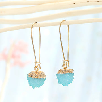 Gold Tone Capped Round Druzy Long Hook Earrings in Five Colors