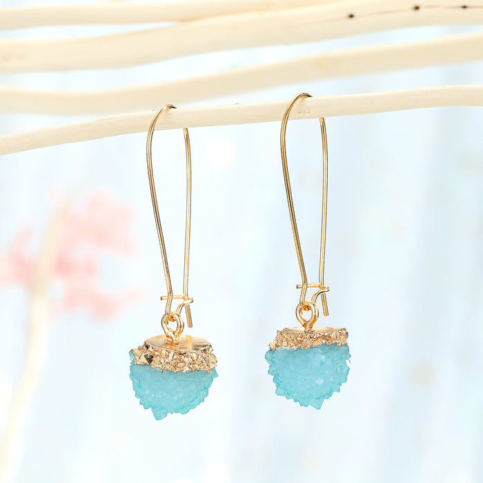 Gold Tone Capped Round Druzy Long Hook Earrings in Five Colors
