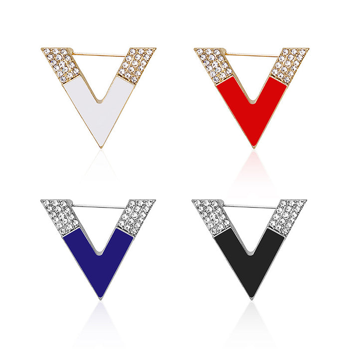 White Enamel V Shape Rhinestone Accent Fashion Brooch