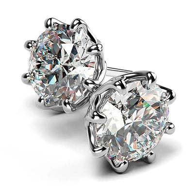 Silver six prong round clear stud earrings front pair close-up
