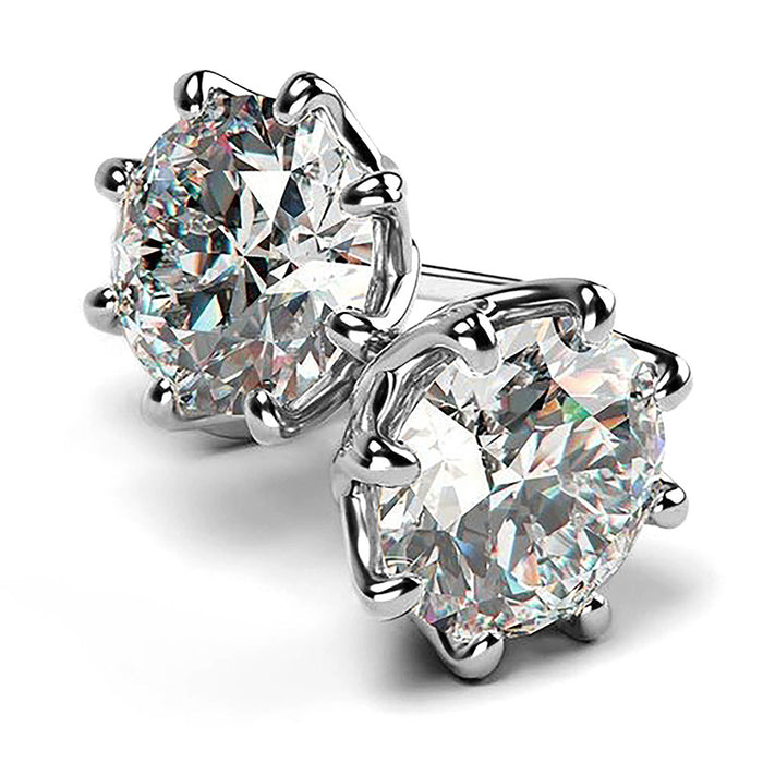 Silver Six Prong Round Clear Crystal Stud Earrings
