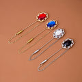 Black Crystal Oval Stick Pin Brooch Silver Chain Guard view 2