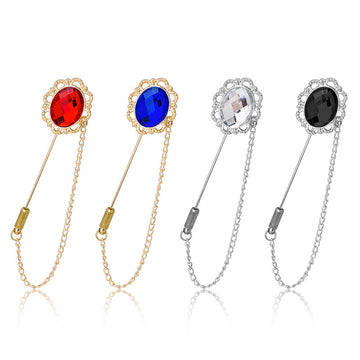 Black Crystal Oval Stick Pin Brooch Silver Chain Guard