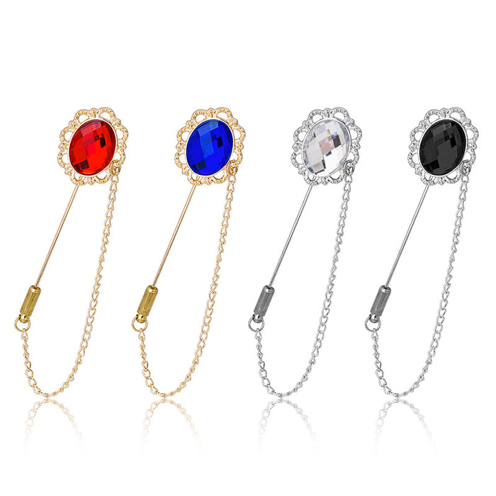 Black Crystal Oval Stick Pin Brooch Silver Chain Guard